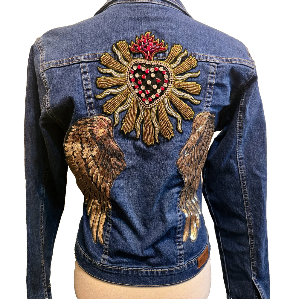 Y n Y Distressed Denim Jean Jacket with gold wings and Sacred Heart on Back M